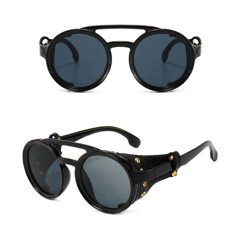 Steampunk Shields Sunglasses Men Women Classic Sun Glasses With Side Leather Round Eyewears Punk UV400 Lens