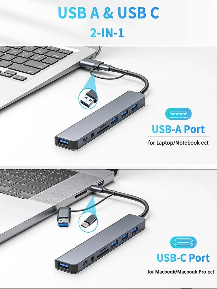 USB C Hub USB 3.0, with 1 X USB 3.0, 3 X USB 2.0 and 1 X USB C, SD/TF Card Reader, 3.5mm Aux Ports Aluminum 8 in 1 USB Splitte