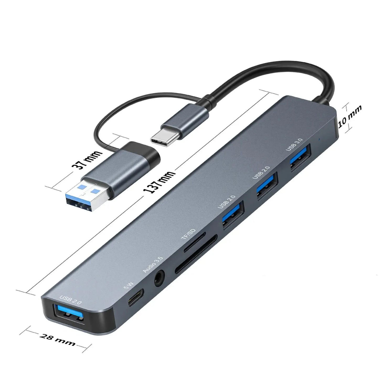 USB C Hub USB 3.0, with 1 X USB 3.0, 3 X USB 2.0 and 1 X USB C, SD/TF Card Reader, 3.5mm Aux Ports Aluminum 8 in 1 USB Splitte